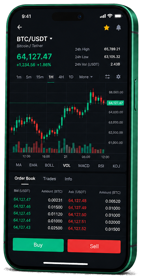 Pijler Kapithof trading platform mobiel — live BTC/USDT grafiek, orderboek en koop/verkoop scherm